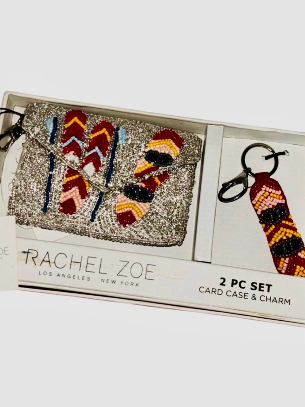 Rachel Zoe Ski Silver Beaded Card Case with Red, Yellow & Black Bead Charm NIB